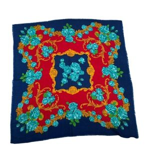 Vintage Glentex Floral Baroque Scarf Red Blue Roses Made in Japan Square Scarf